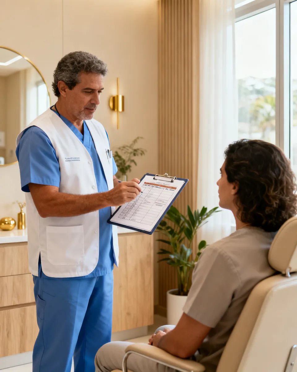 Profissional de saúde analisando um laudo com a paciente no consultório